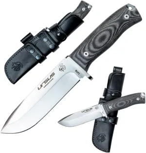 J&V URSUS – Survival Knife for Camping Bushcraft Field Hunting Fishing, Blade 14.5 cm, Stainless Steel MOVA 1.4116, Leather Sheath, Made in Spain, BLACK MICARTA