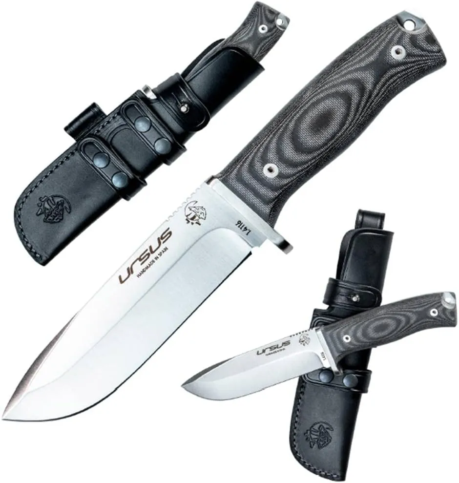 J&V URSUS – Survival Knife for Camping Bushcraft Field Hunting Fishing, Blade 14.5 cm, Stainless Steel MOVA 1.4116, Leather Sheath, Made in Spain, BLACK MICARTA