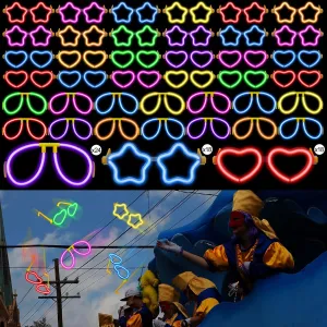 Jexine 60 Pcs Mardi Gras Glow Glasses Glow in the Dark Party Supplies Glow Stick Sunglasses Bulk Neon Parade Throws Party Favor for Adults Kids (Cute Style)