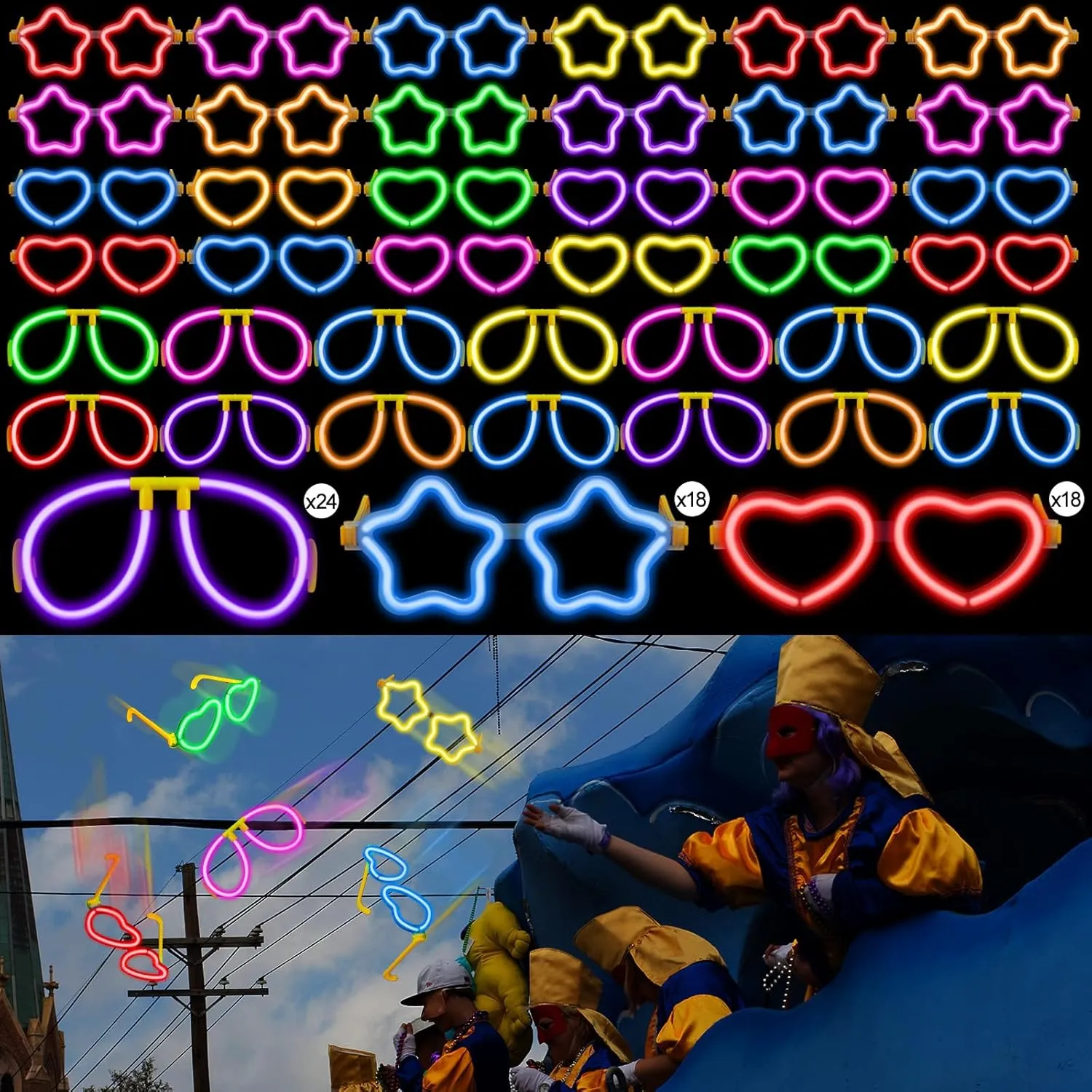 Jexine 60 Pcs Mardi Gras Glow Glasses Glow in the Dark Party Supplies Glow Stick Sunglasses Bulk Neon Parade Throws Party Favor for Adults Kids (Cute Style)