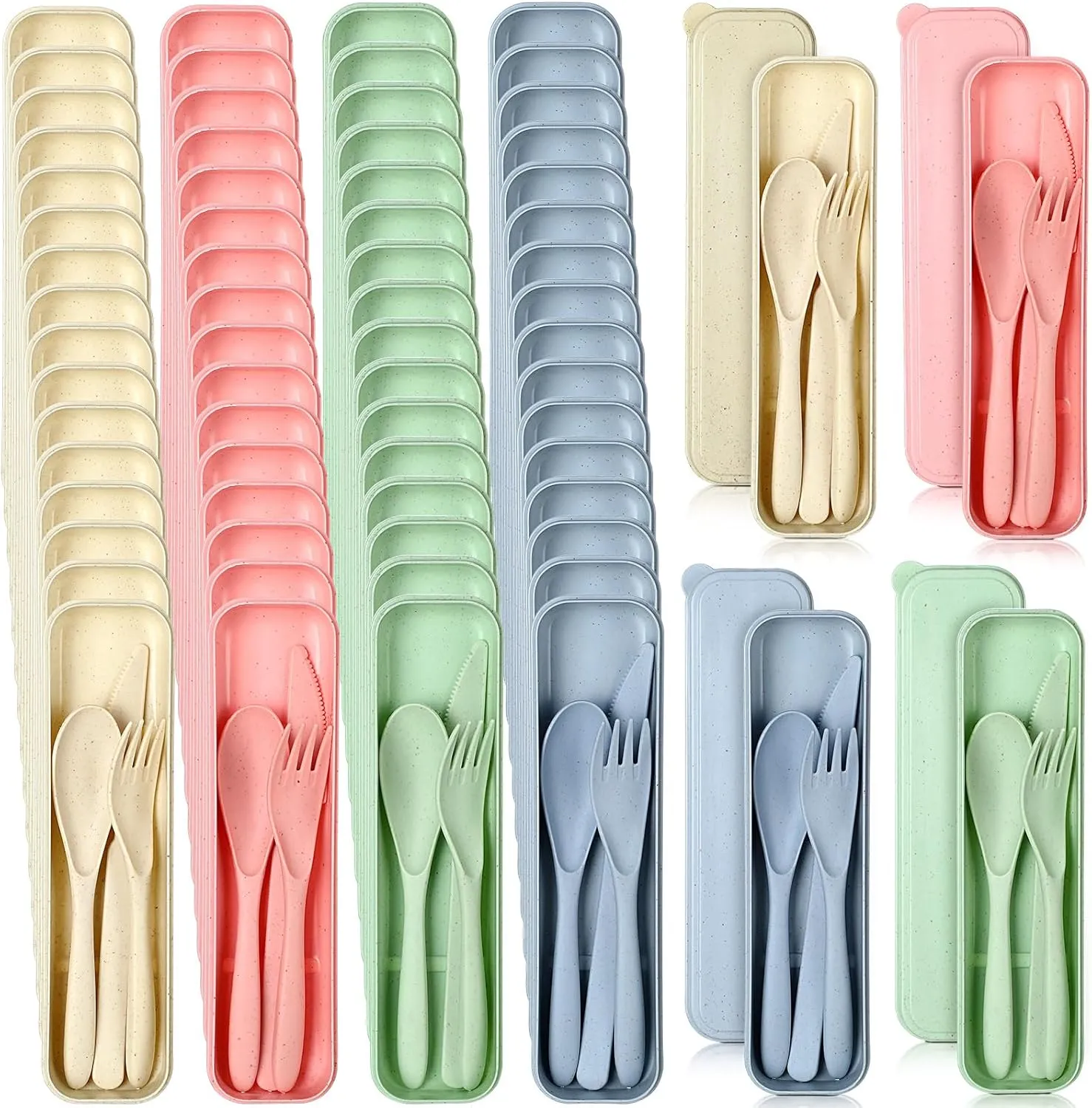 Jinei 50 Sets Wheat Straw Utensils Reusable Travel Utensils Set with Case Portable Spoon Knife Forks Dinnerware Eco Friendly Cutlery for Kids Adults Camping