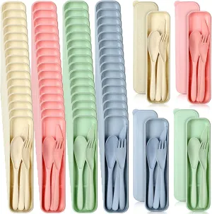 Jinei 50 Sets Wheat Straw Utensils Reusable Travel Utensils Set with Case Portable Spoon Knife Forks Dinnerware Eco Friendly Cutlery for Kids Adults Camping