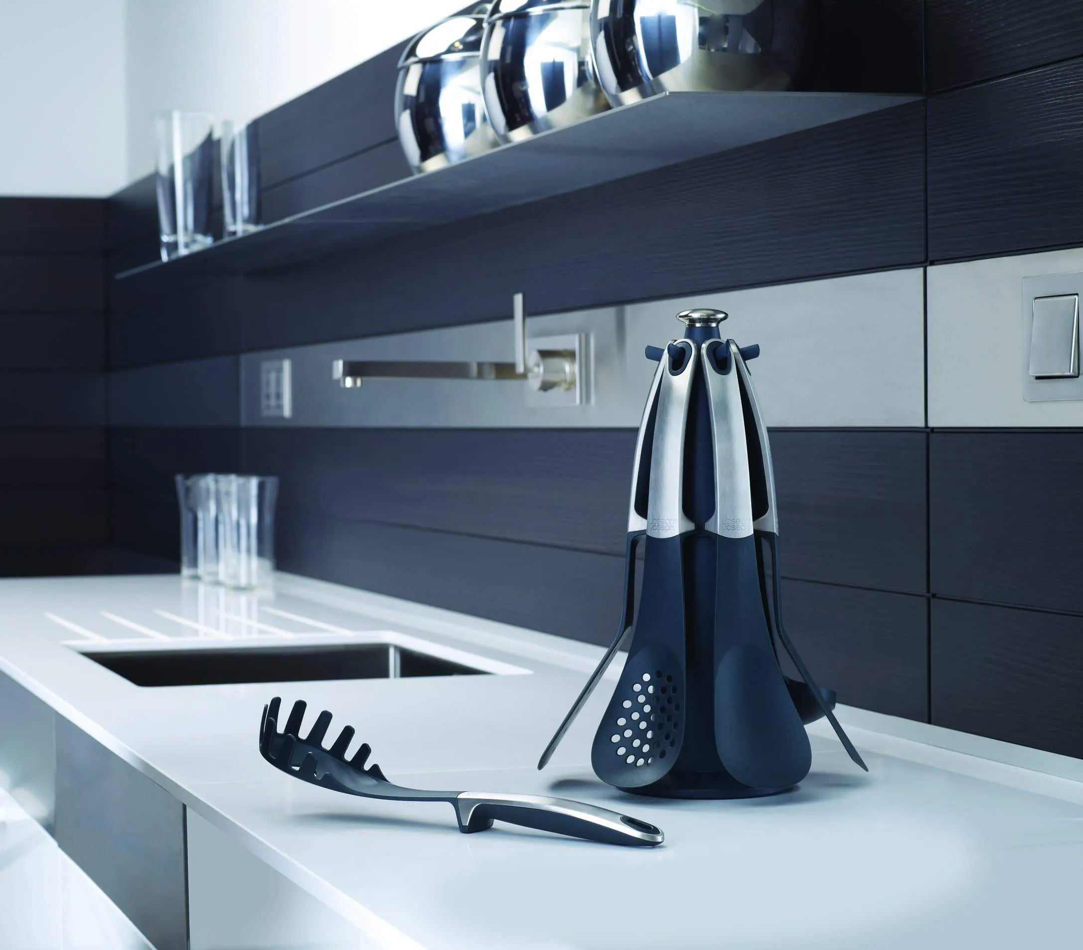 Joseph Joseph Elevate 100 Collection 6-Piece Kitchen Utensil Set with Rotating Storage Carousel, Stainless Steel Handles and Nylon Head