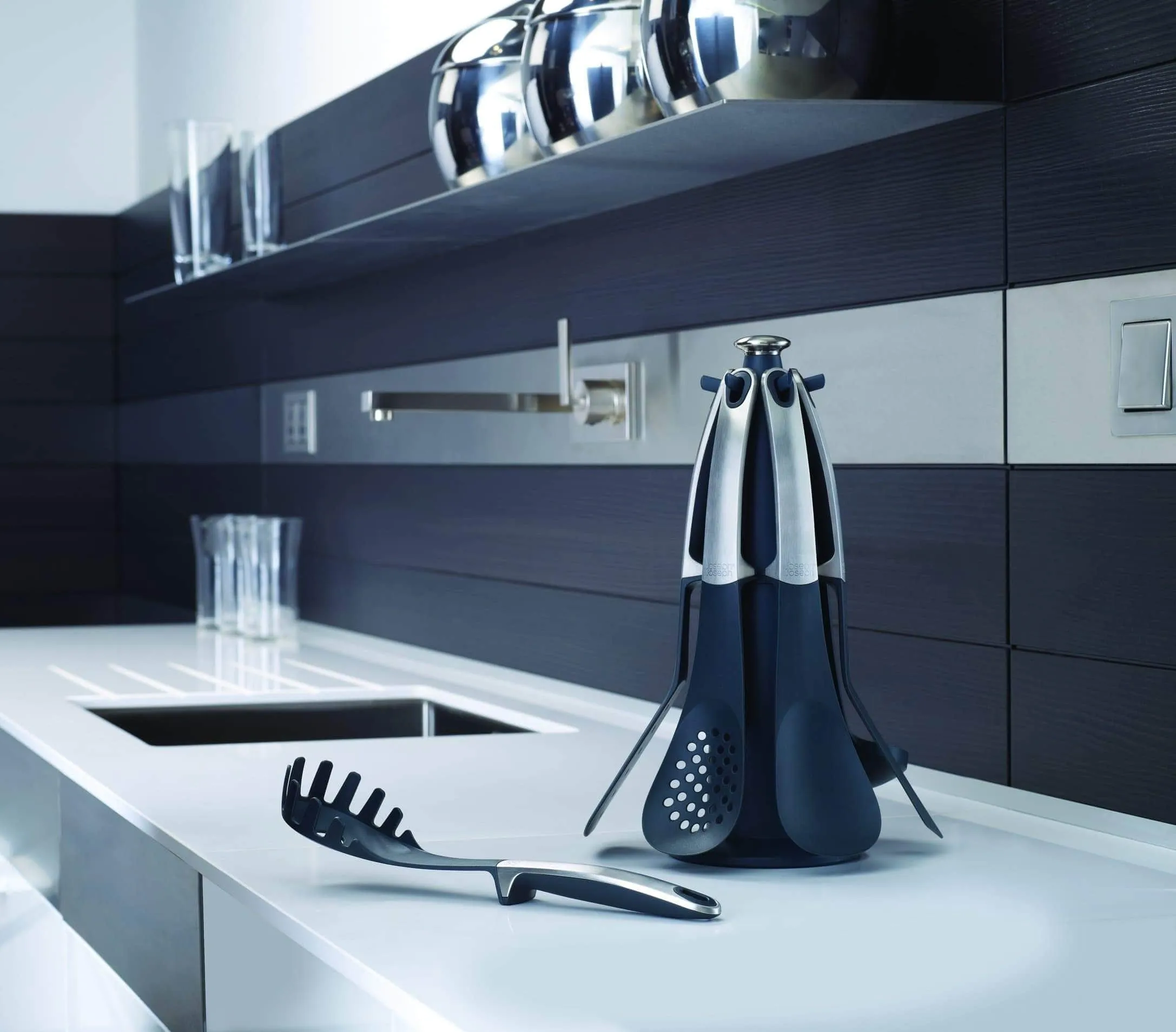 Joseph Joseph Elevate 100 Collection 6-Piece Kitchen Utensil Set with Rotating Storage Carousel, Stainless Steel Handles and Nylon Head