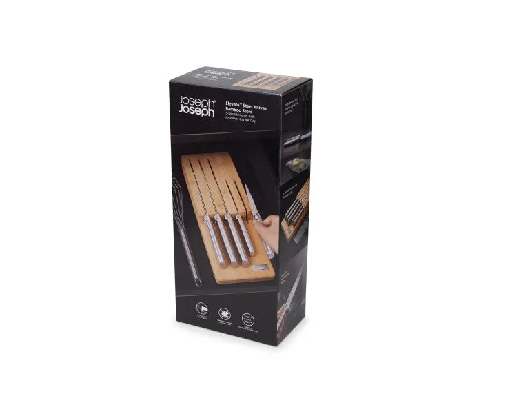 Joseph Joseph Elevate Steel Knives Bamboo Store - 5 Piece Set 5 Piece (9cm Paring Knife, 11cm Serrated Knife, 14cm Santoku Knife, 20cm Chef’S Knife, 20cm Bread Knife)