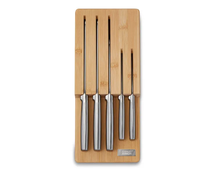 Joseph Joseph Elevate Steel Knives Bamboo Store - 5 Piece Set 5 Piece (9cm Paring Knife, 11cm Serrated Knife, 14cm Santoku Knife, 20cm Chef’S Knife, 20cm Bread Knife)