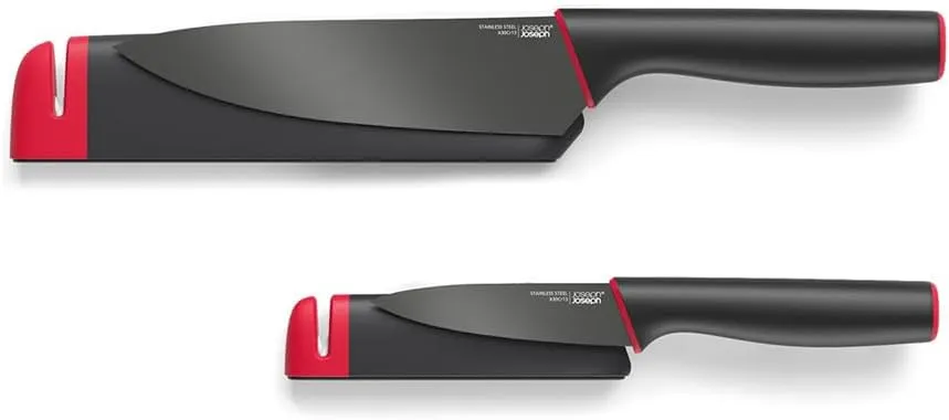 Joseph Joseph Slice & Sharpen 6" Chef's Knive and 3.5" Paring Knife with Sharpening Protective Sheaths, Black