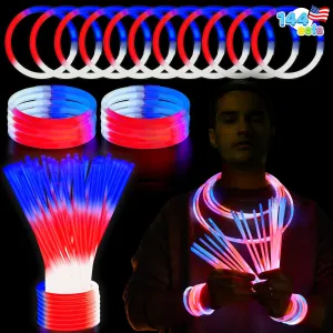 JOYIN 144 Pcs 4th of July Glow Sticks Bulk, Red White Blue 3 Colors in 1 Glow in the Dark Stick, Lightup Bracelet Necklace for Kids & Adults, Memorial Independence Day Party Accessory Favor Supply