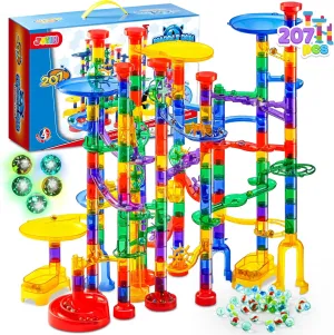 JOYIN 207Pcs Glowing Marble Run, Construction Building Blocks Toys with 5 Glow in The Dark Glass Marbles, STEM Toy for Boys and Girls, Educational Toy(147 Plastic Pieces   60 Glass Marbles)