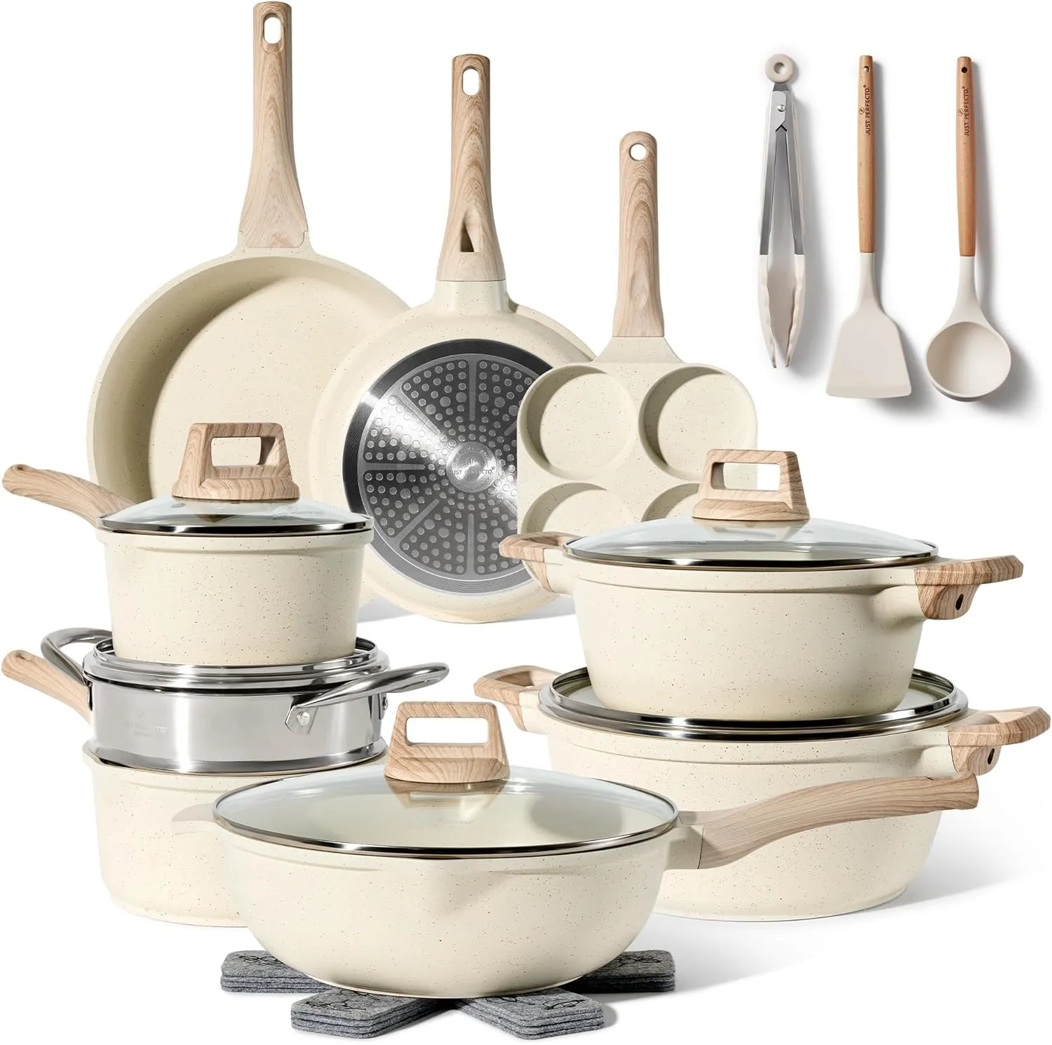 JUST PERFECTO Induction Pots Set - Pan Set with Lid - Induction Pots Set - Pots & Pans Set without PTFE and PFOA - Cookware Pot Set Induction 21 Pcs (Beige)
