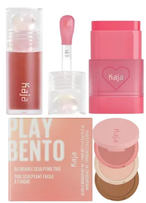 Kaja Juicy Glass Lip Plumping Oil 05 Plum Paloma   Dewy Bar - Creamy Multi-Stick Blusher & Lip Balm 02 Strawberry Sorbet,10g   3-in-1 Blendable Sculpting Trio - Play Bento 01 Butter Up Bundle