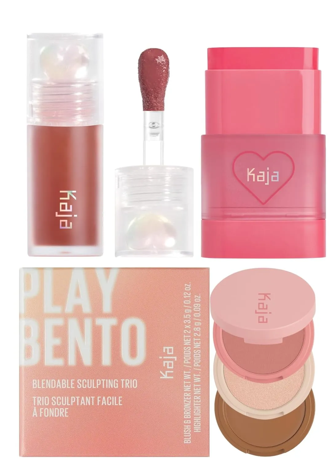 Kaja Juicy Glass Lip Plumping Oil 08 Cherry Cola   Dewy Bar - Creamy Multi-Stick Blusher & Lip Balm 02 Strawberry Sorbet,10g   3-in-1 Blendable Sculpting Trio - Play Bento 01 Butter Up Bundle