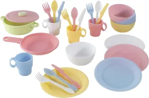 KidKraft 27-Piece Pastel Cookware Set, Plastic Dishes and Utensils for Play Kitchens, Gift for Ages 18 mo 