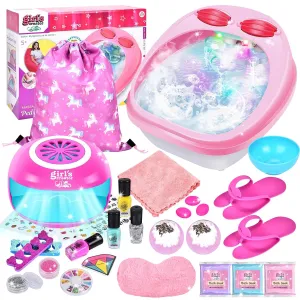 Kids Foot Spa & Nail Kit Set, Kids Spa Day Kit for Girls, Perfect Pedicure and Party Supplies, Massage Foot Soak Tub, Nail Dryer, Nail Polish, Bath Bombs, Christmas Birthday Gifts