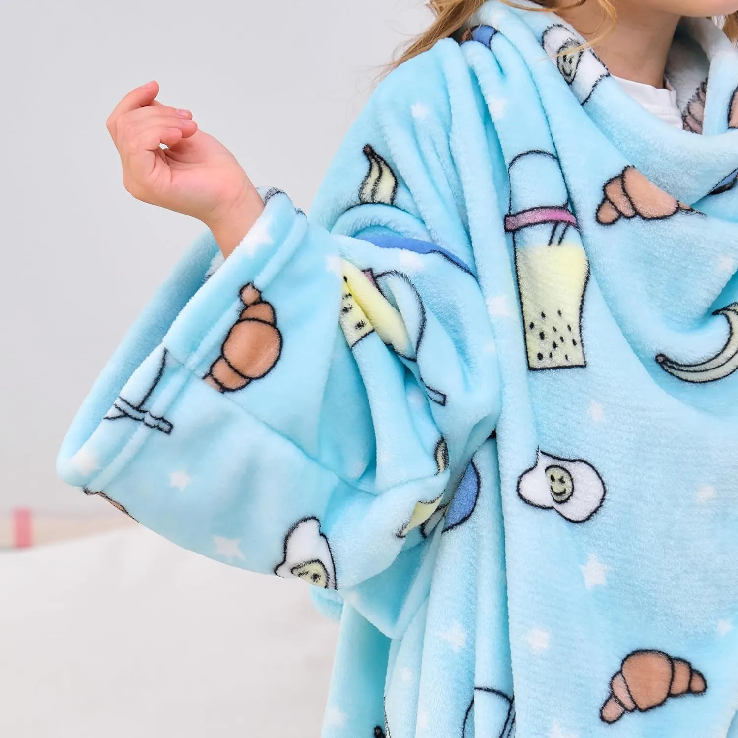 Kids Snuggies Wearable Fleece Blanket with Sleeves & Foot Pocket for Kids Girls Boys, Lightweight Soft Blanket,Snacks