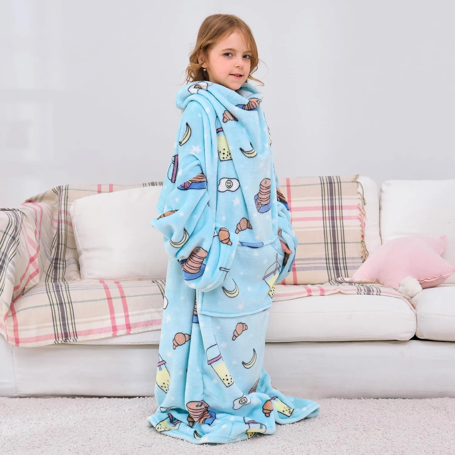 Kids Snuggies Wearable Fleece Blanket with Sleeves & Foot Pocket for Kids Girls Boys, Lightweight Soft Blanket,Snacks