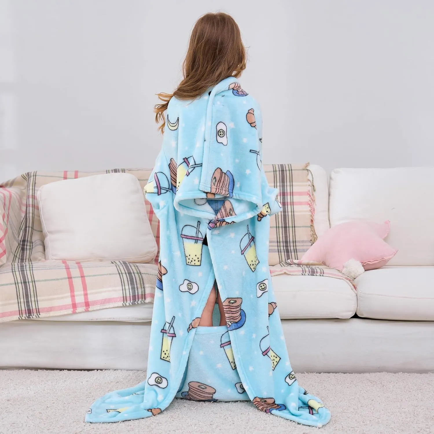Kids Snuggies Wearable Fleece Blanket with Sleeves & Foot Pocket for Kids Girls Boys, Lightweight Soft Blanket,Snacks