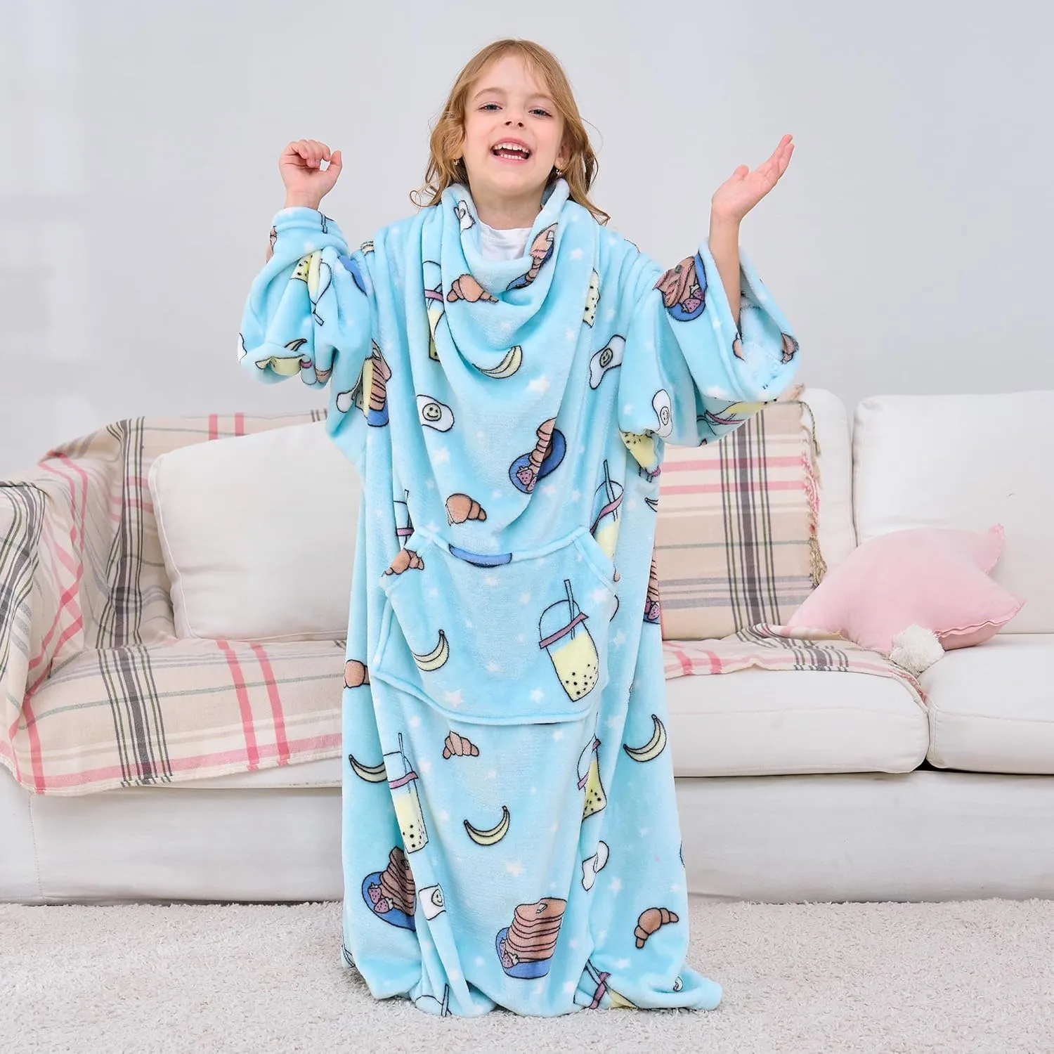 Kids Snuggies Wearable Fleece Blanket with Sleeves & Foot Pocket for Kids Girls Boys, Lightweight Soft Blanket,Snacks