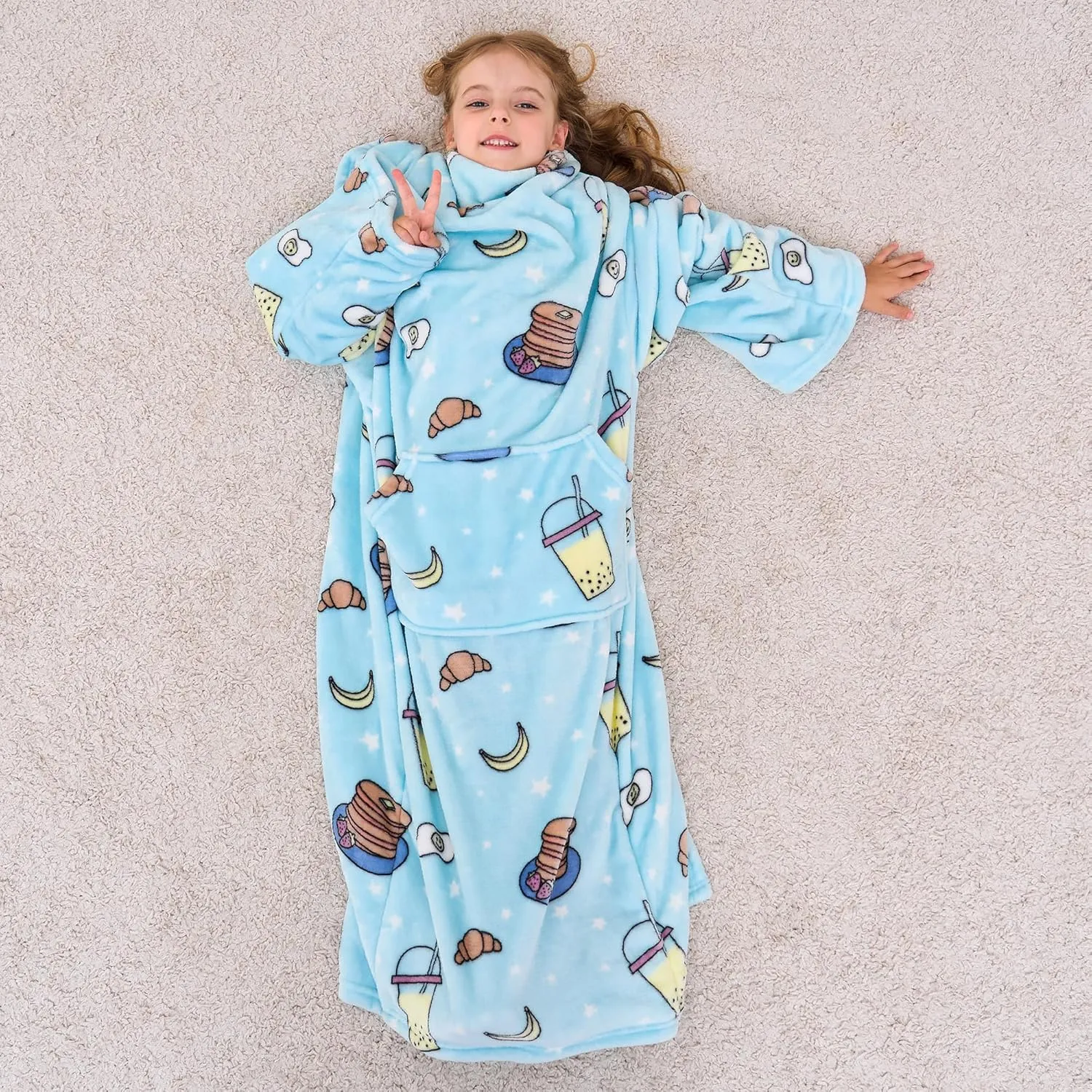 Kids Snuggies Wearable Fleece Blanket with Sleeves & Foot Pocket for Kids Girls Boys, Lightweight Soft Blanket,Snacks