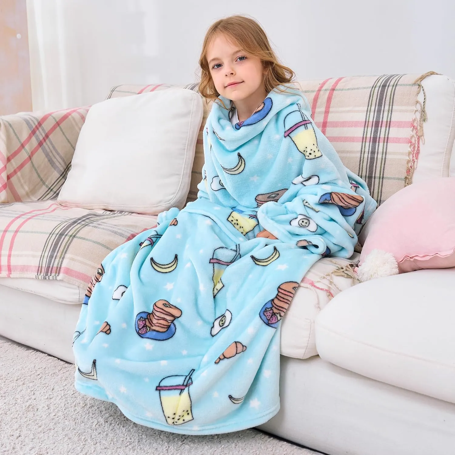 Kids Snuggies Wearable Fleece Blanket with Sleeves & Foot Pocket for Kids Girls Boys, Lightweight Soft Blanket,Snacks