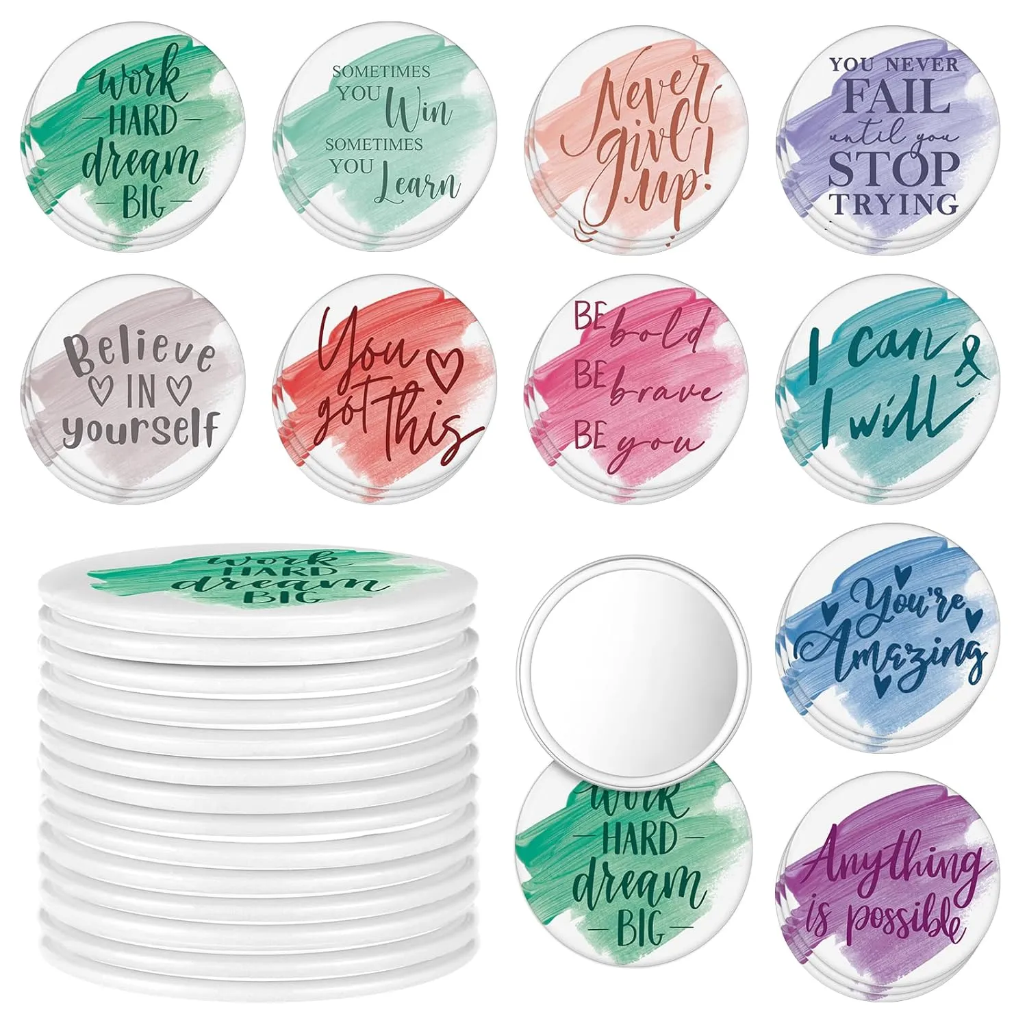 Kigley 30 Pcs Inspirational Compact Mirrors Bulk Employee Appreciation Gifts Round Portable Pocket Mirror for Women Makeup Glass Mini Travel Mirrors Thank You Gifts for Teachers Graduation CNA