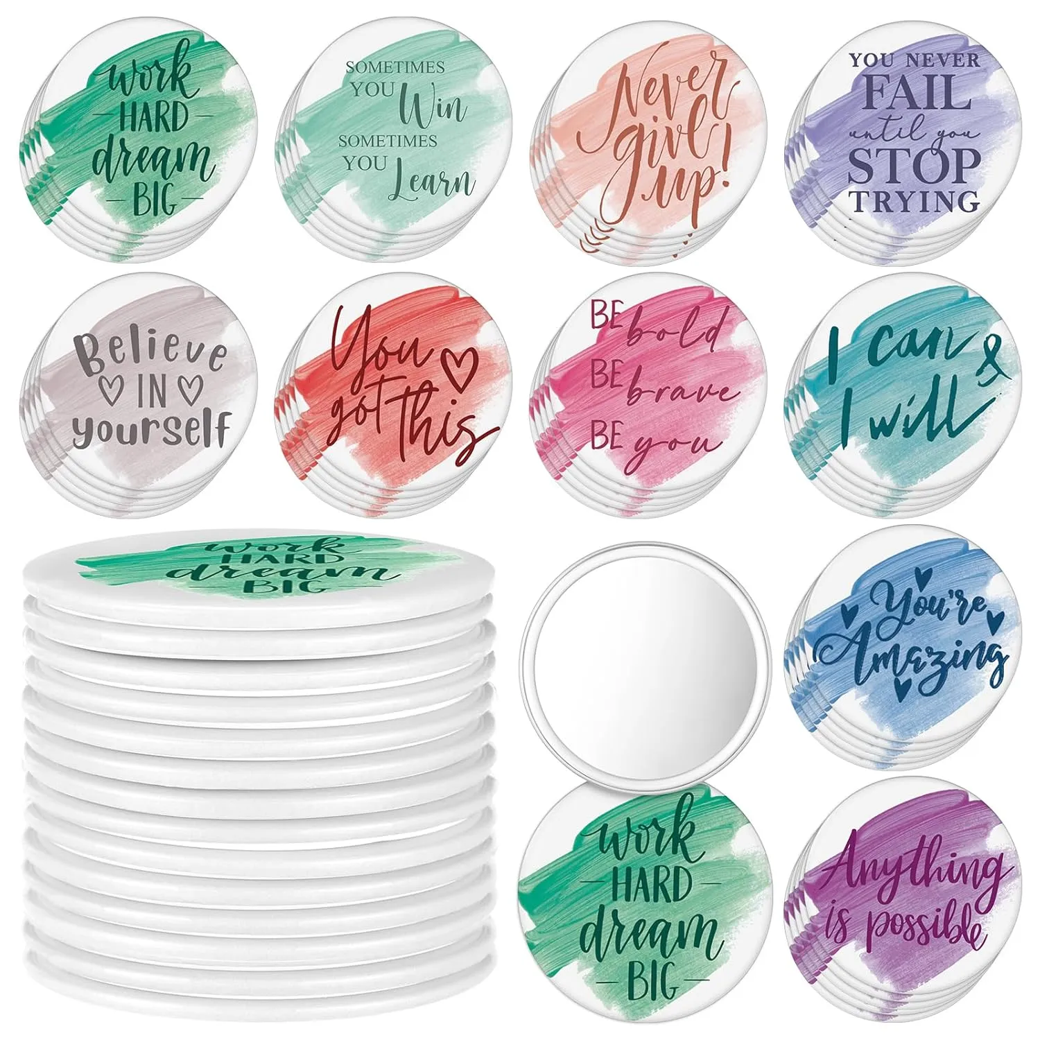 Kigley 50 Pcs Inspirational Compact Mirrors Bulk Employee Appreciation Gifts Round Portable Pocket Mirror for Women Makeup Glass Mini Travel Mirrors Thank You Gifts for Teachers Graduation CNA
