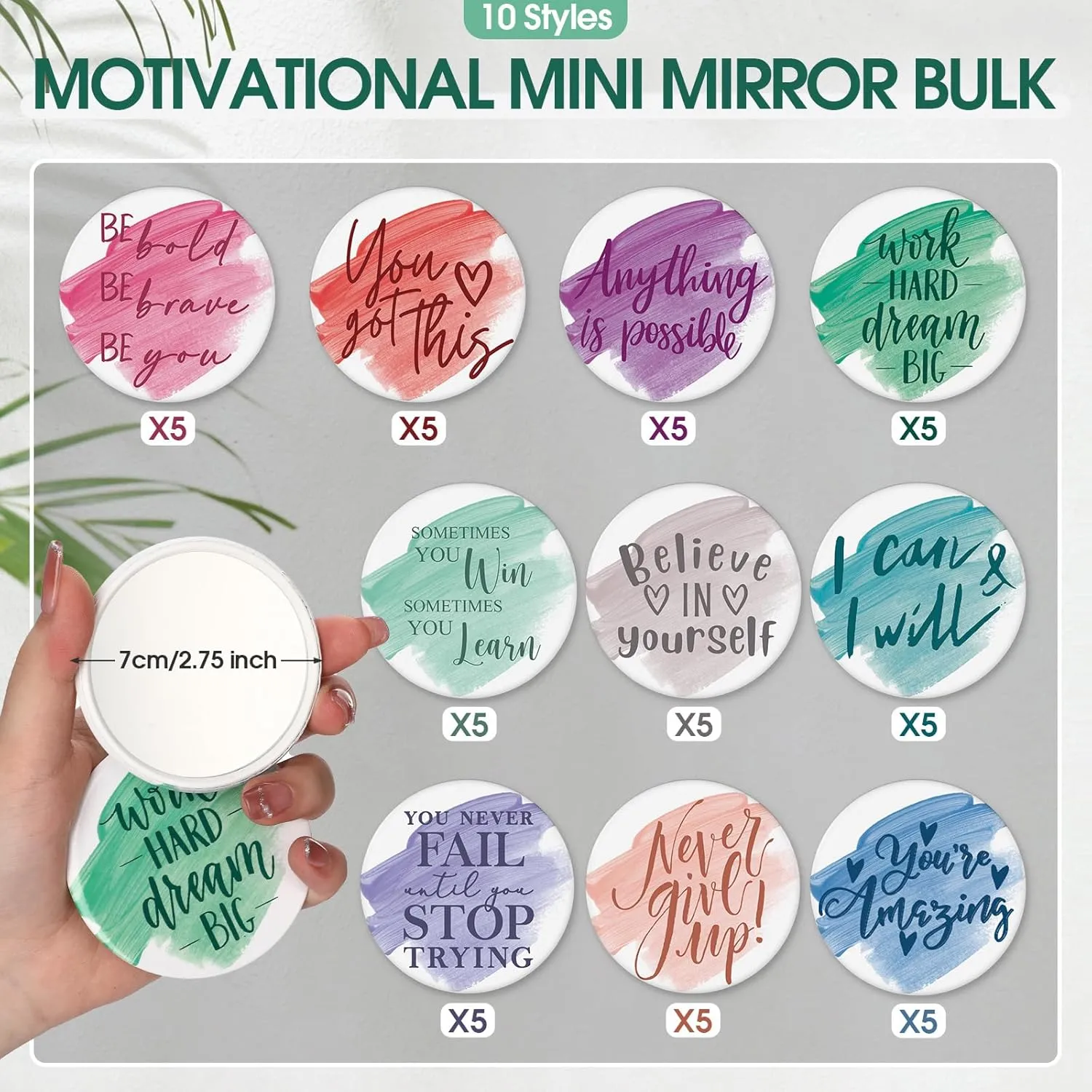 Kigley 50 Pcs Inspirational Compact Mirrors Bulk Employee Appreciation Gifts Round Portable Pocket Mirror for Women Makeup Glass Mini Travel Mirrors Thank You Gifts for Teachers Graduation CNA