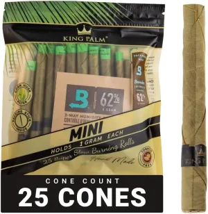 King Palm Mini Size Cones - Natural Pre Rolled Cone Palm Leafs - Natural Cones - Corn Husk Filter Tip - Pre Rolled Rolling Paper with Tips & Packing Tubes Included