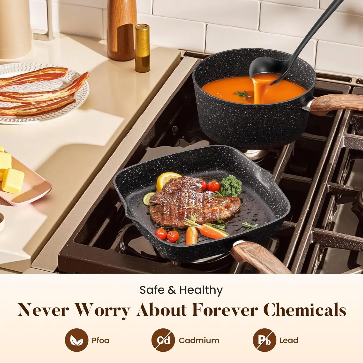 Kitchen Academy 30Pcs Pots and Pans Set Non Stick - Induction Black Cooware Set, Nonstick Granite Cookware and Bakeware Sets, PFOA&PFOS-Free, Non Toxic Healthy Kitchen Cooking Pans Set