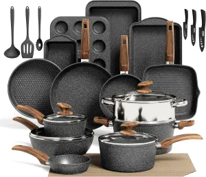 Kitchen Academy 30Pcs Pots and Pans Set Non Stick - Induction Black Cooware Set, Nonstick Granite Cookware and Bakeware Sets, PFOA&PFOS-Free, Non Toxic Healthy Kitchen Cooking Pans Set