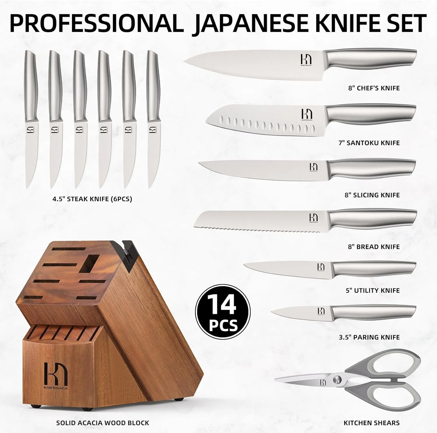Kitchen Knife Set 14 Piece Premium Japanese High Carbon Stainless Steel Knife Block Sets with Built-in Sharpener, Razor Sharp Knives Set for Kitchen, Quality Acacia Wood Block Knife Set