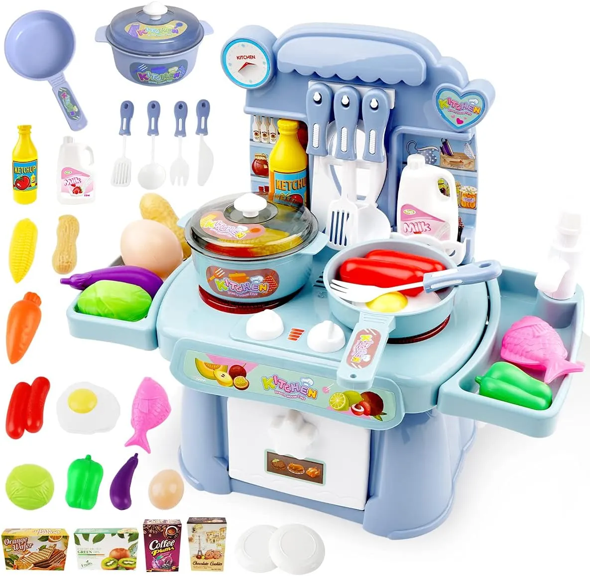 Kitchen Set for Toddler with Sound and Light，Pretend Cooking Food Set,Kids Kitchen Playset，Play Sink with Running Water and Electronic Induction Stove，Kitchen Accessories (Blue Kitchen Set)
