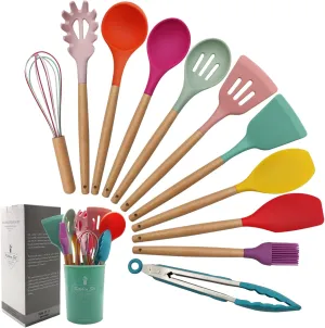 Kitchen Utensils Set of 12, Silicone Cooking Utensils with Non-Slip Wooden Handle and Organizer Bucket, 446°F Heat Resistant Cookware Utensils Set (Assorted Colors-Upgraded)