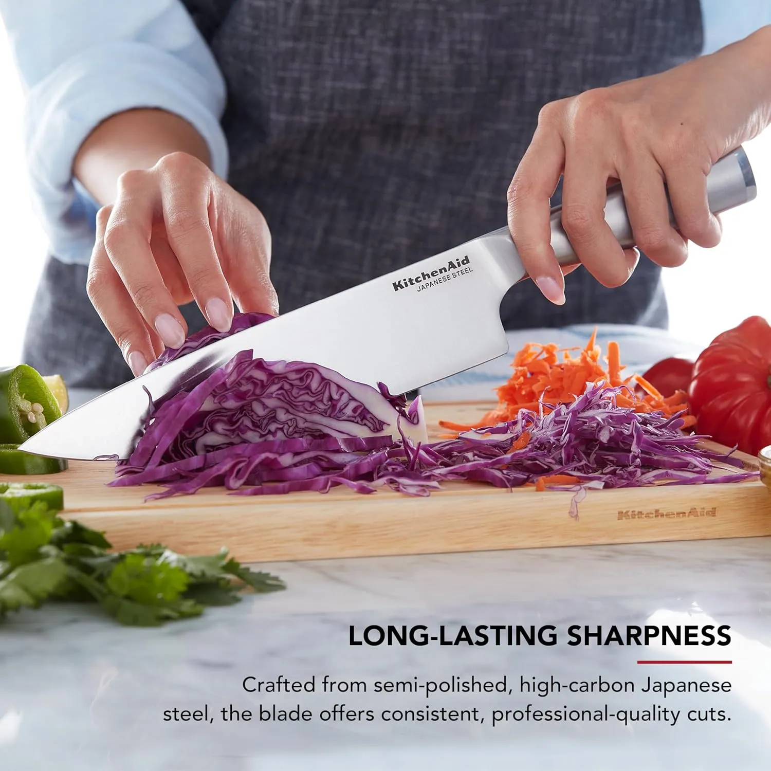 KitchenAid Slim Two-Tone Knife Block Set with Built-In Knife Sharpener, High Carbon Stainless Steel Kitchen Knives, Sharp Kitchen Knife Set with Block, 14-Piece, White