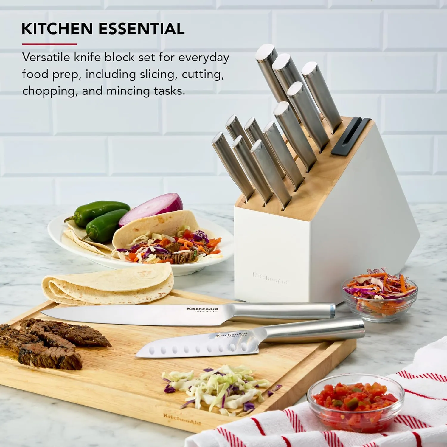 KitchenAid Slim Two-Tone Knife Block Set with Built-In Knife Sharpener, High Carbon Stainless Steel Kitchen Knives, Sharp Kitchen Knife Set with Block, 14-Piece, White