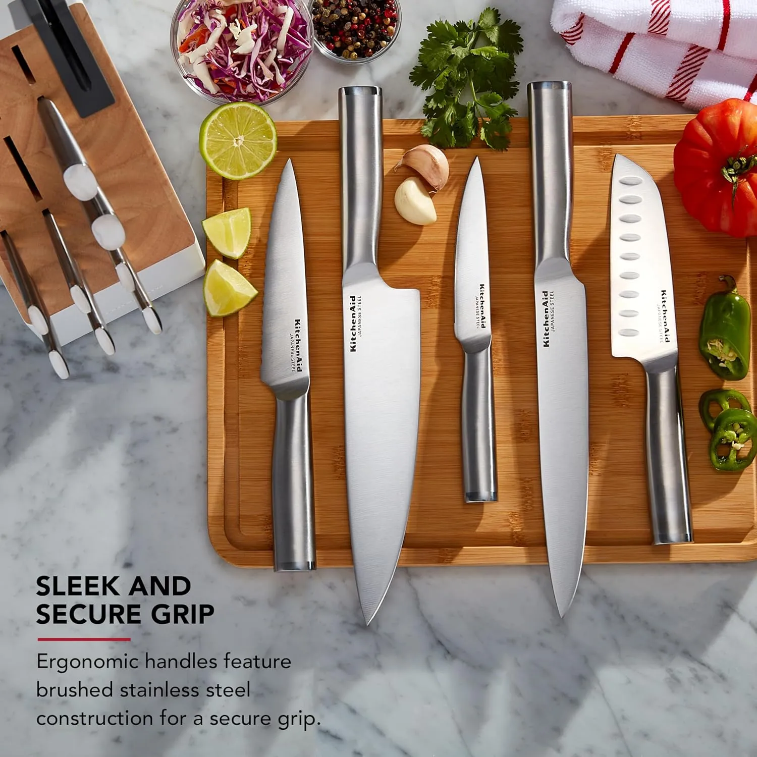 KitchenAid Slim Two-Tone Knife Block Set with Built-In Knife Sharpener, High Carbon Stainless Steel Kitchen Knives, Sharp Kitchen Knife Set with Block, 14-Piece, White
