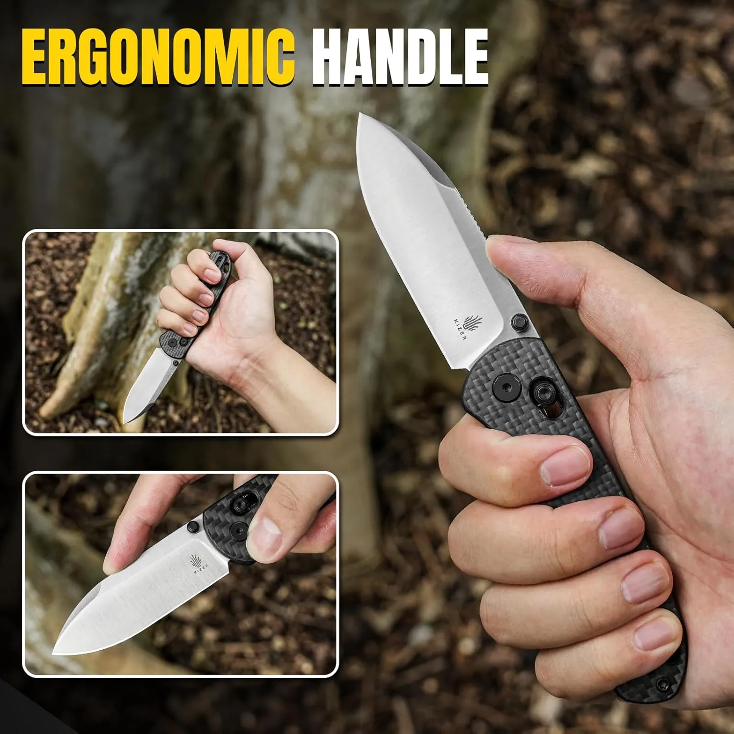 Kizer Drop Bear EDC Pocket Knife, 2.97” Nitro-V Steel Blade G10 Carbon Fiber Handle Folding Knife with Thumb Stud Opener, Lightweight Clutch Lock Camping Hunting Knife for Men Women Gift V3619A3