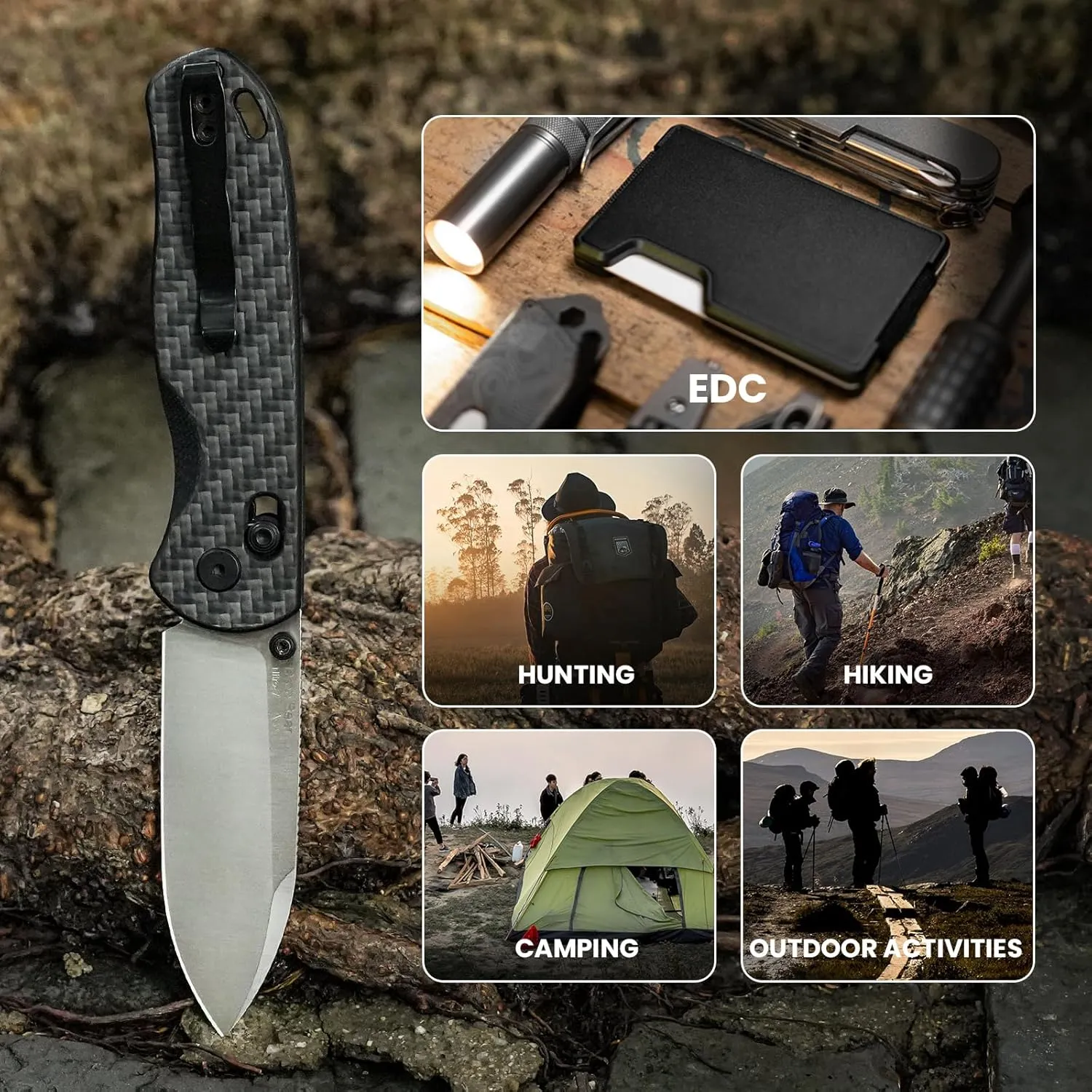 Kizer Drop Bear EDC Pocket Knife, 2.97” Nitro-V Steel Blade G10 Carbon Fiber Handle Folding Knife with Thumb Stud Opener, Lightweight Clutch Lock Camping Hunting Knife for Men Women Gift V3619A3