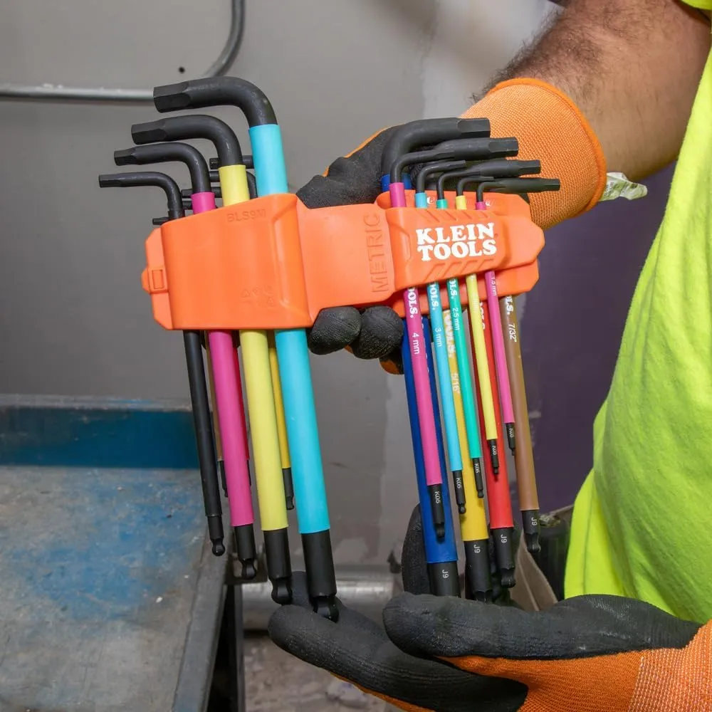 Klein Tools BLS9M 9-Piece Metric Ball End Hex Key Caddy Set, Color-Coded L Style, Extra-Long, Heat-Treated, 1.5 to 10 mm