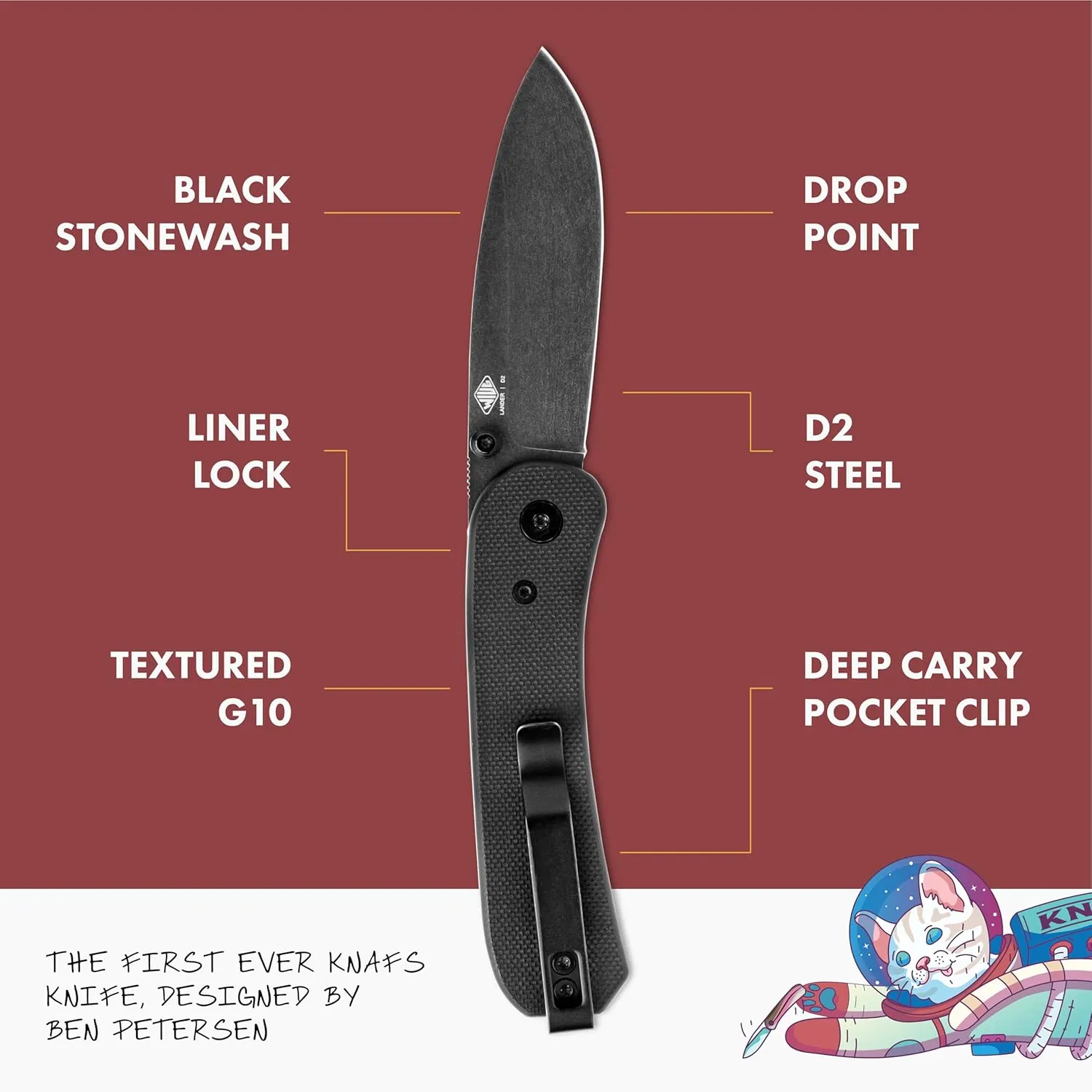 Knafs - Lander 1 Folding Pocket Knife with Clip - EDC for Men, Women, Everyone - Black Stonewash Blade - Black G10 Handle