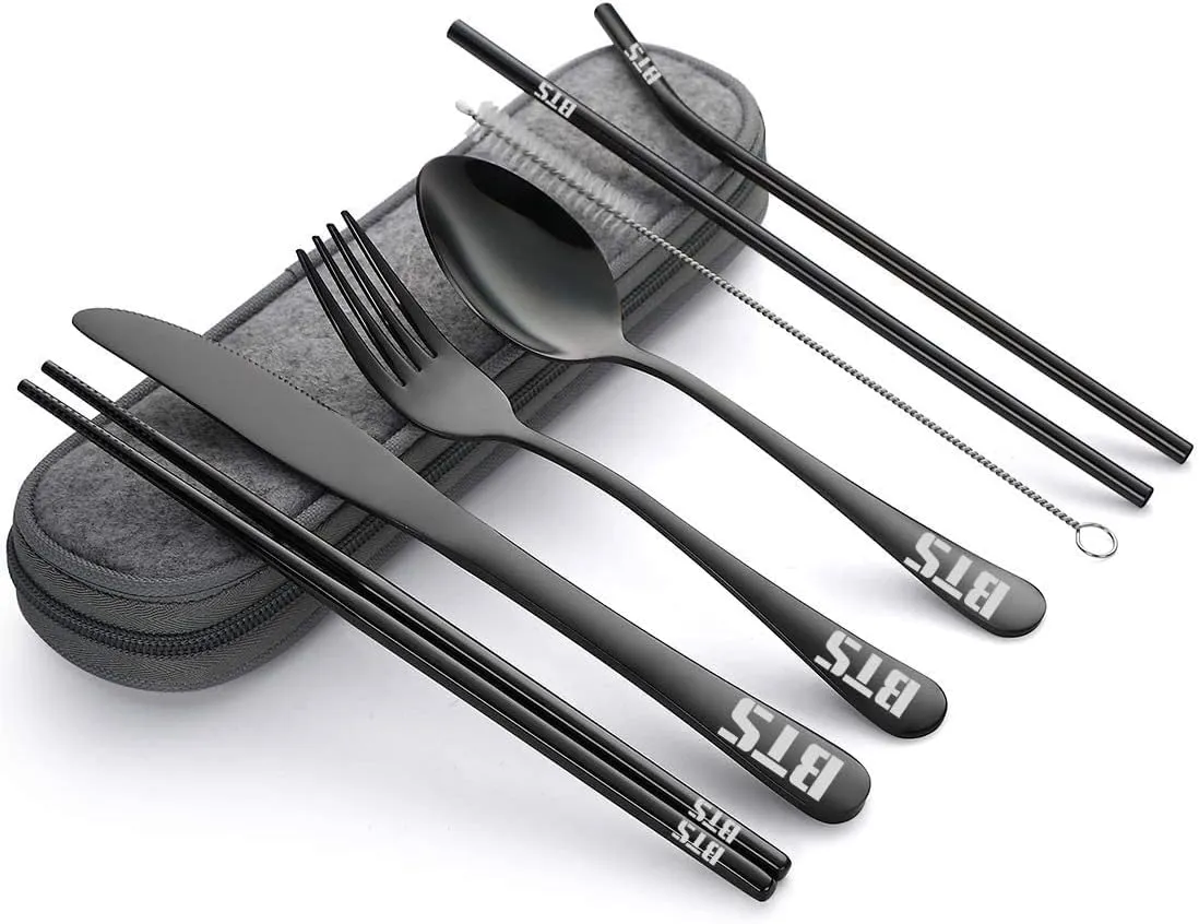 Kpop BTS Bangtan Boys Travel Camping Cutlery Set - Portable Lunch Utensils Set with Case and Straw, Straight Straw, Knife, Fork, Spoon, Chopsticks, Cleaning Brush 8 Piece (Black)