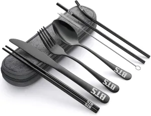 Kpop BTS Bangtan Boys Travel Camping Cutlery Set - Portable Lunch Utensils Set with Case and Straw, Straight Straw, Knife, Fork, Spoon, Chopsticks, Cleaning Brush 8 Piece (Black)