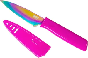KUHN RIKON Colori Non-Stick Serrated Paring Knife with Safety Sheath, 4 inch, Rainbow