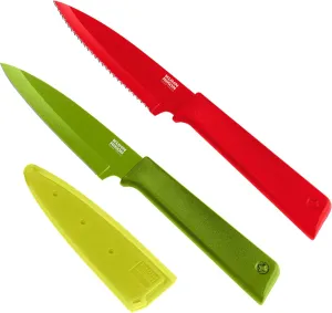 Kuhn Rikon COLORI  Non-Stick Straight and Serrated Paring Knives with Safety Sheaths, Set of 2, Red and Green