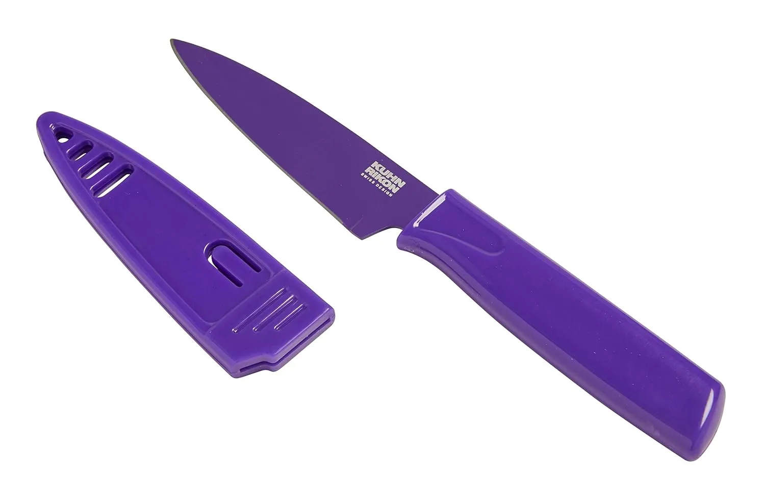 Kuhn Rikon Colori Non-Stick Straight Paring Knife with Safety Sheath, 4 inch/10.16 cm Blade, Purple