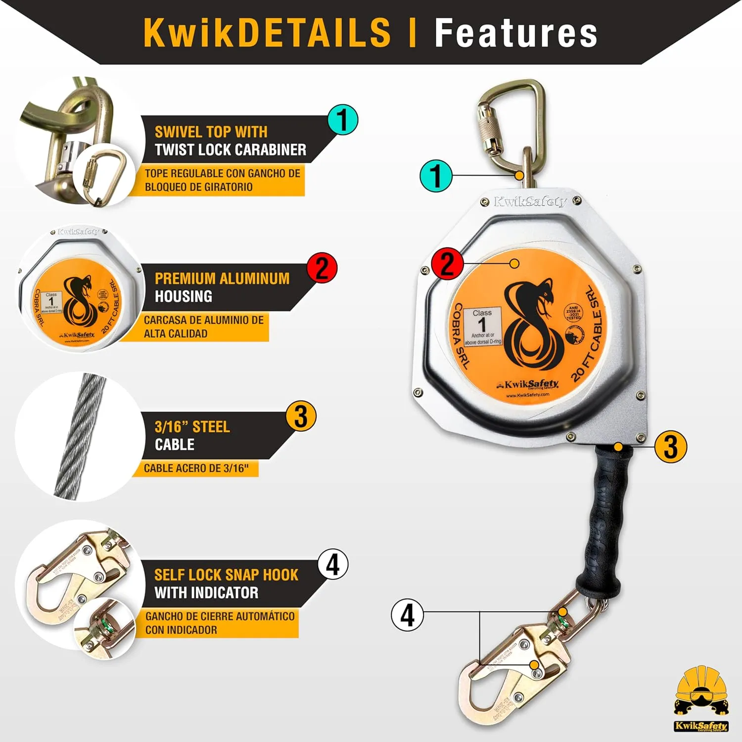 KwikSafety - Charlotte, NC - Cobra 20' Self Retracting Lifeline [NO Tangle Steel Cable] Class 1 SRL ANSI OSHA Retractable Fall Arrest Construction Roofing PPE Gear