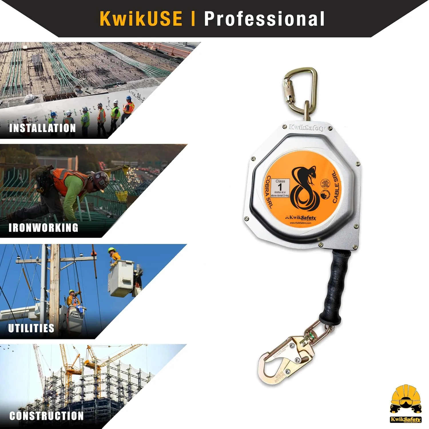 KwikSafety - Charlotte, NC - Cobra 20' Self Retracting Lifeline [NO Tangle Steel Cable] Class 1 SRL ANSI OSHA Retractable Fall Arrest Construction Roofing PPE Gear