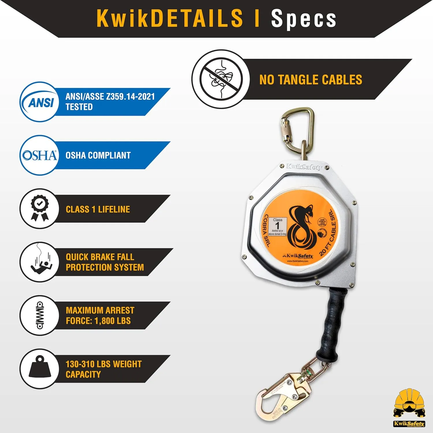 KwikSafety - Charlotte, NC - Cobra 20' Self Retracting Lifeline [NO Tangle Steel Cable] Class 1 SRL ANSI OSHA Retractable Fall Arrest Construction Roofing PPE Gear