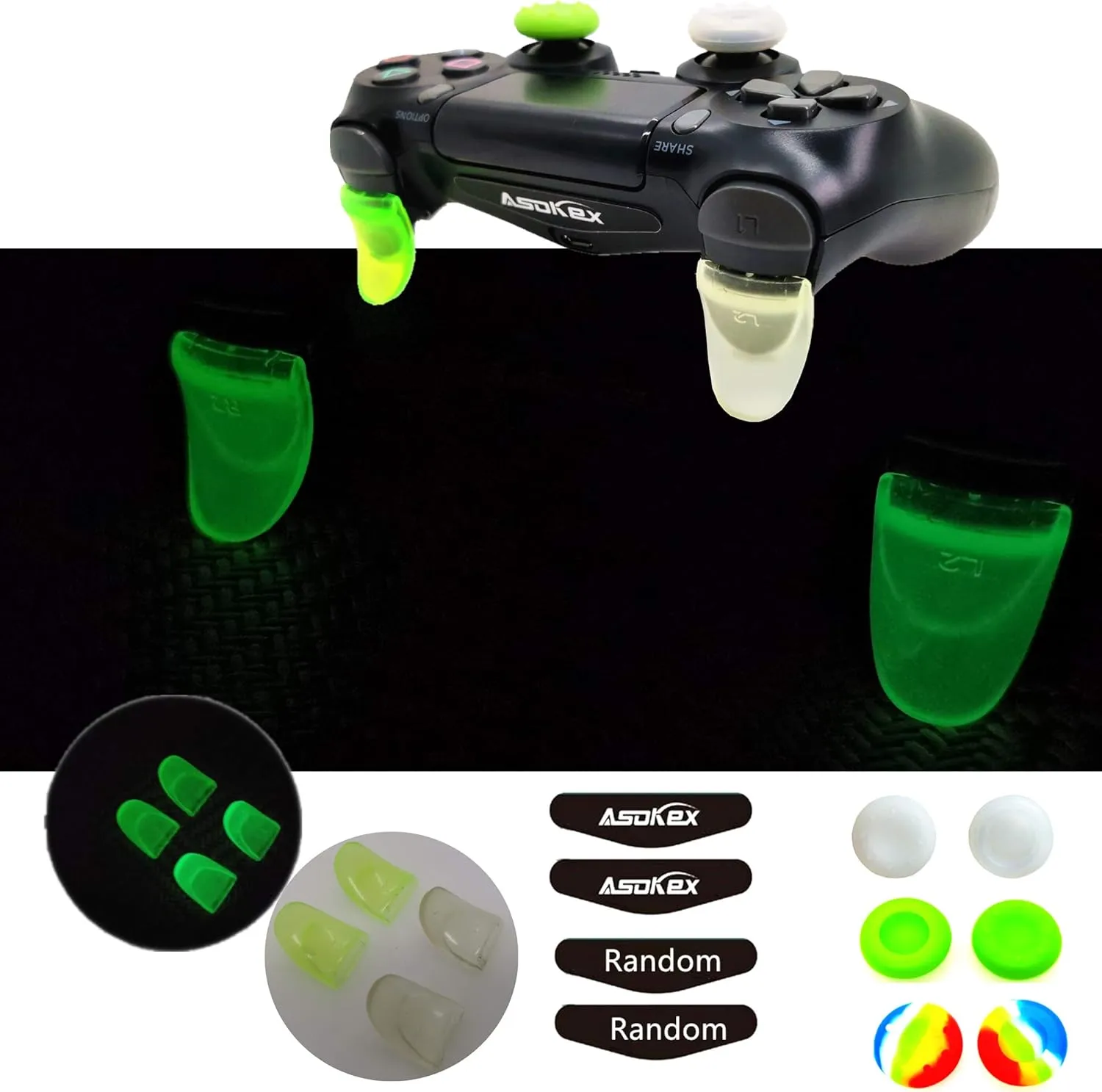L2 R2 Triggers Ps4 Glowing Triggers Replacement (2 Pairs Fluorescence Trigger Extender, 6Pcs Thumbstick Grips, 2 Pairs LED Decal) for Ps4 Dualshock Controller(Glow Light Green&Glow Green)