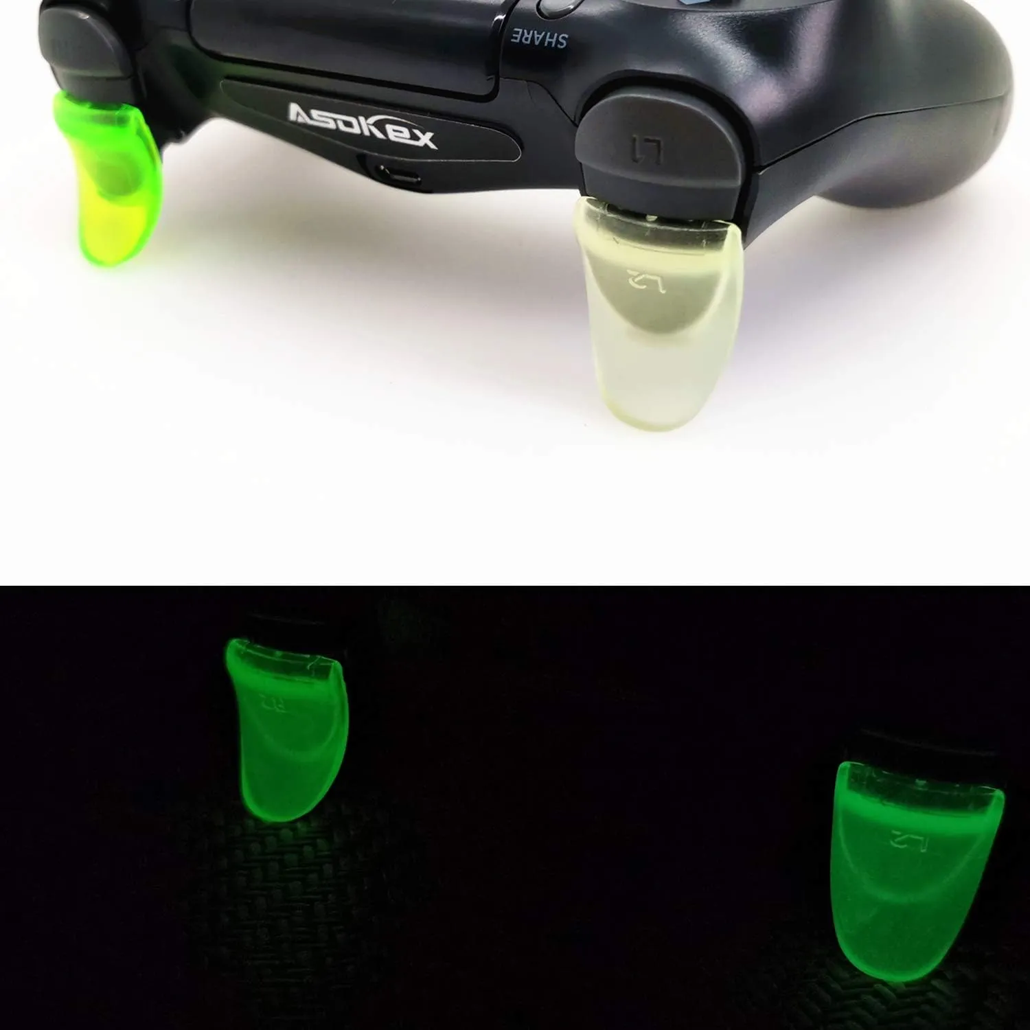 L2 R2 Triggers Ps4 Glowing Triggers Replacement (2 Pairs Fluorescence Trigger Extender, 6Pcs Thumbstick Grips, 2 Pairs LED Decal) for Ps4 Dualshock Controller(Glow Light Green&Glow Green)